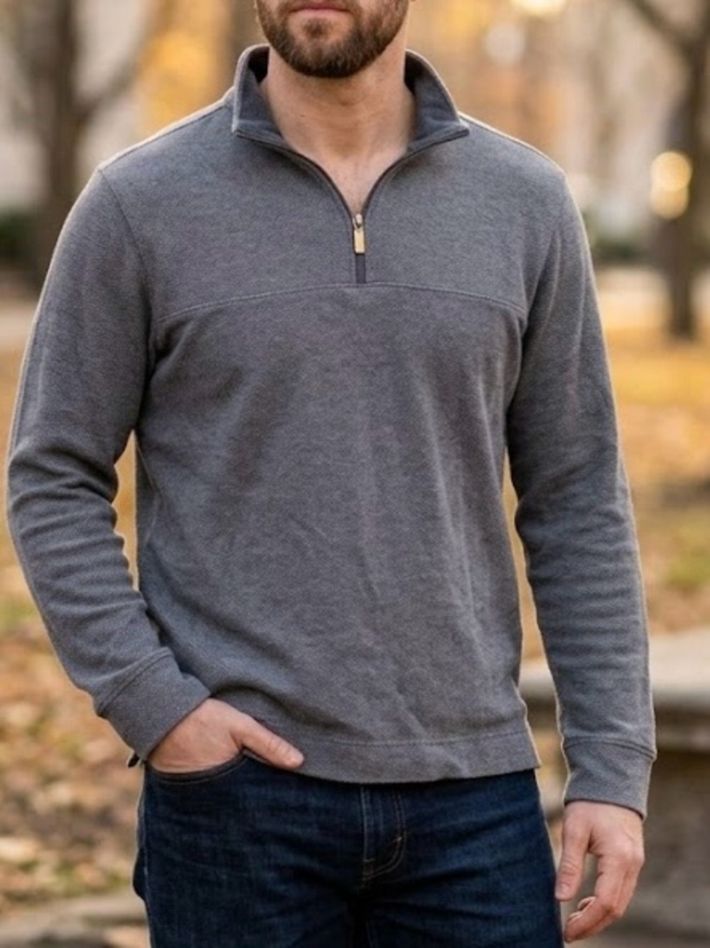 Perry Ellis Charcoal Grey Micro-Textured Quarter Zip Pullover Outdoors Hiking